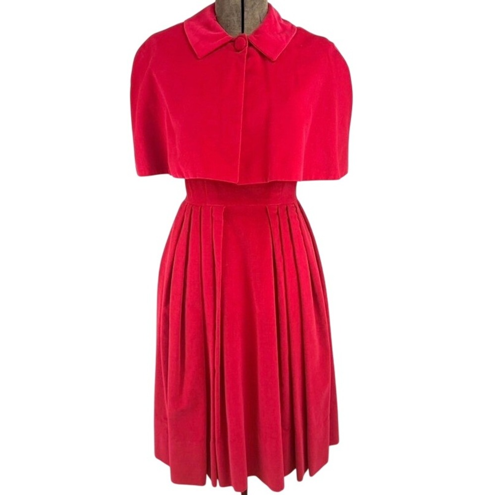 Vintage 50s Red Velveteen Dress & Capelet Set|XS|Hand Made Pleated Holiday Cape